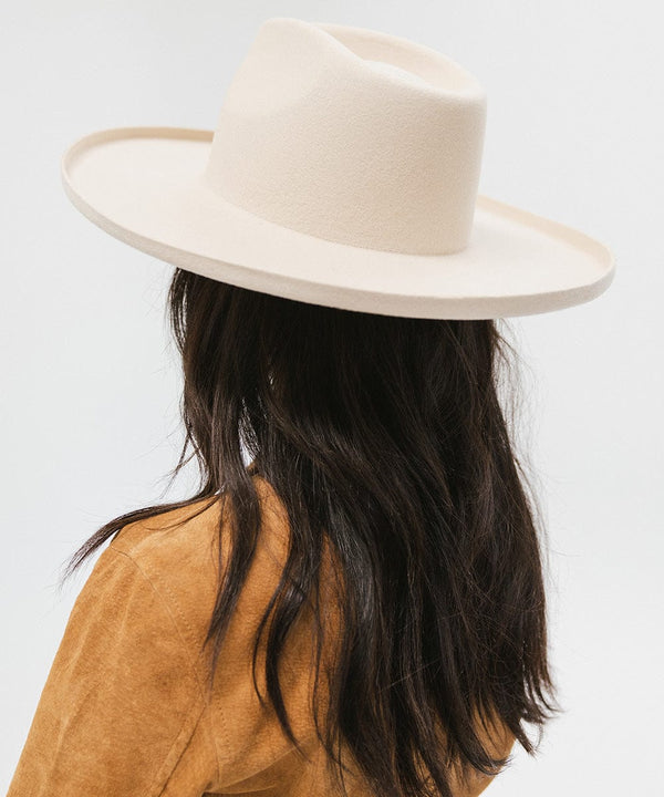 Gigi Pip felt hats for women - Amelia Wide Brim Fedora - 100% australian wool wide brim fedora with a pinched teardrop crown + pencil rolled brim [off white]