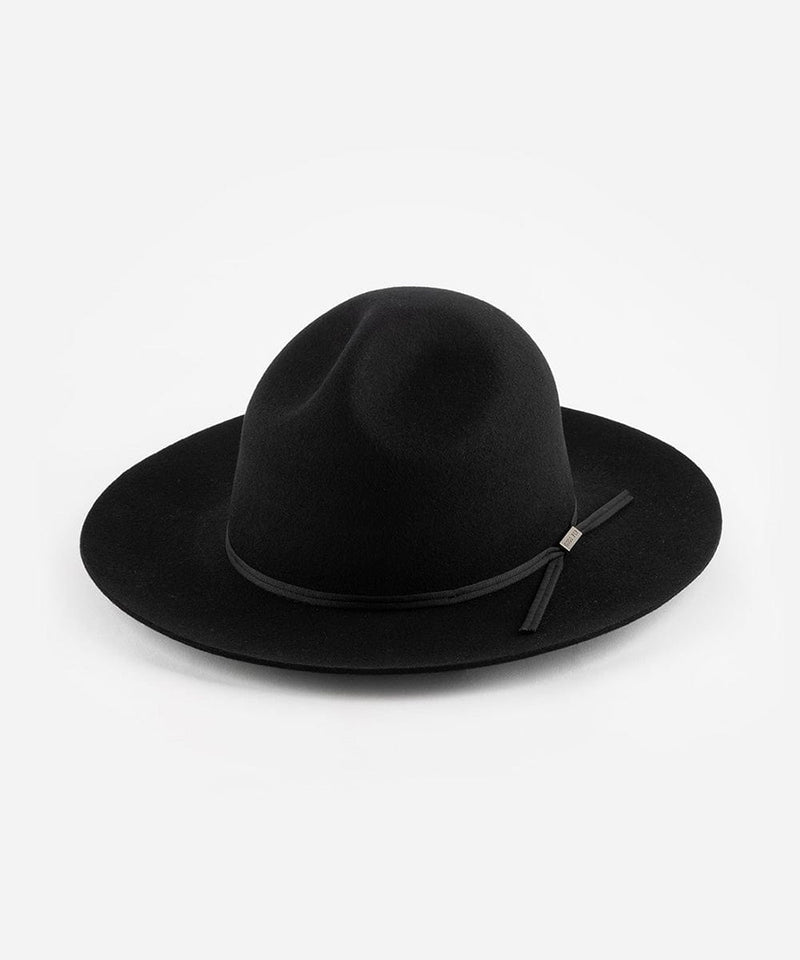 A black fedora hat with a hat band on a plain background #color_black