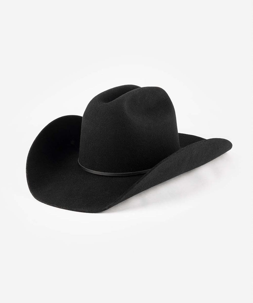 A classic black felt cowboy hat with a black band, photographed from a side profile against a clean white background #color_black