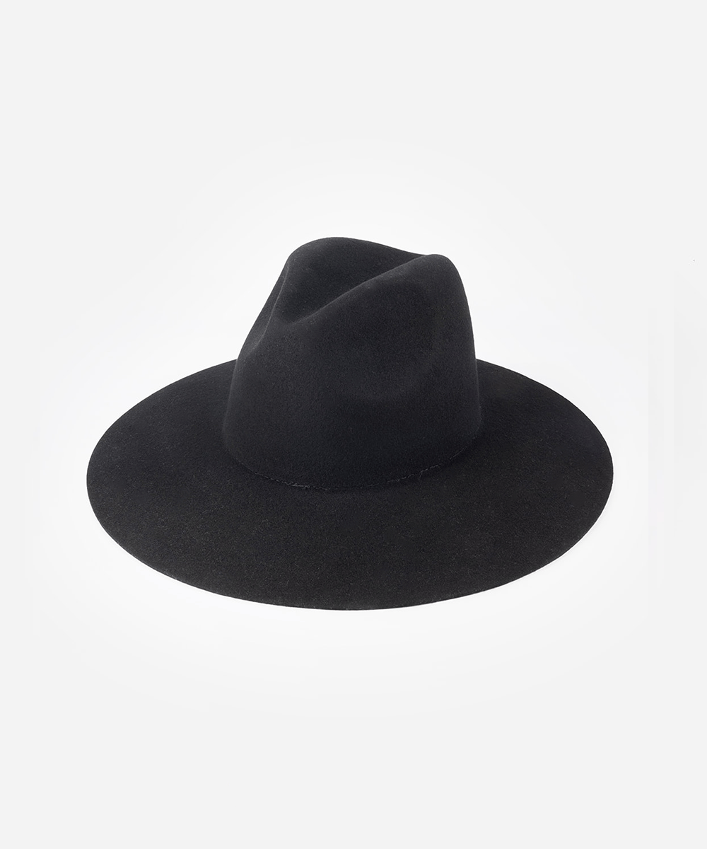 A wide brim fedora hat on a plain background #color_black