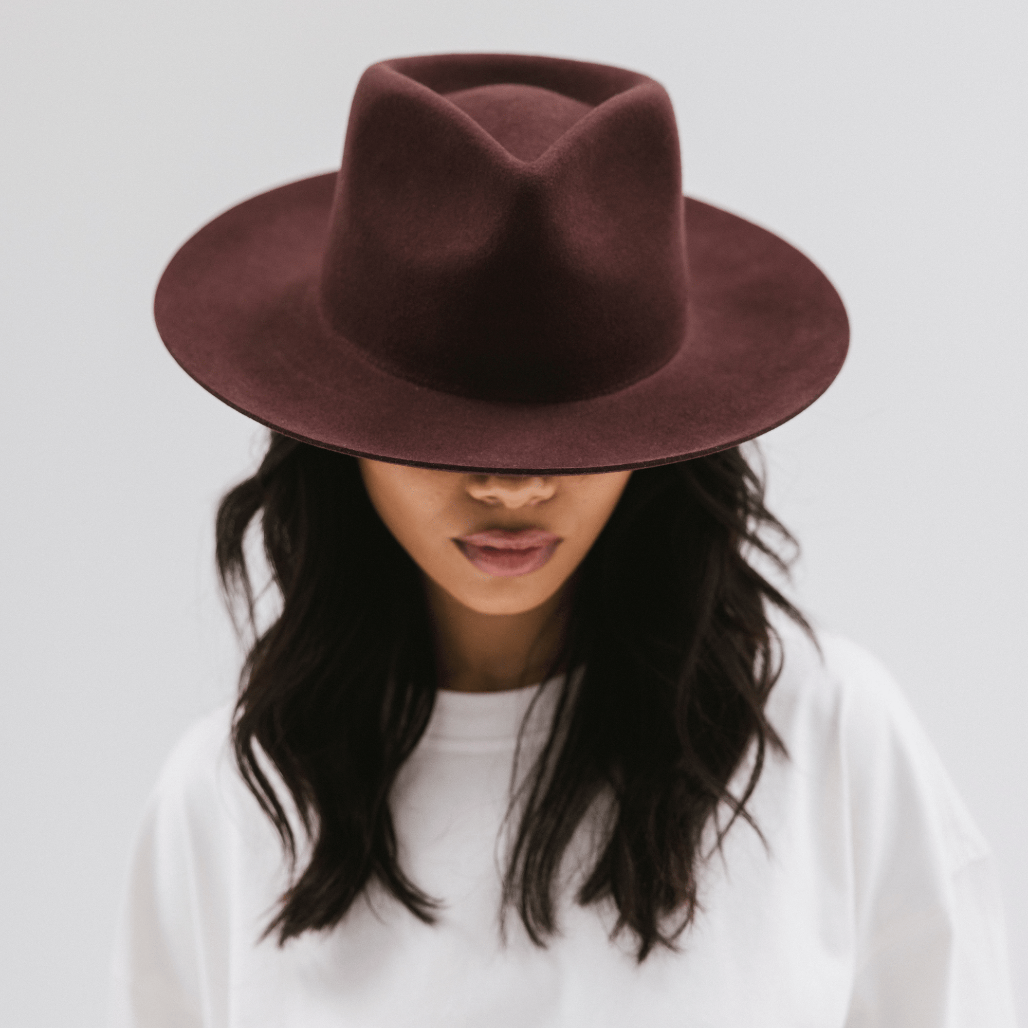 Gigi Pip felt hats for women - Zephyr Rancher - fedora teardrop crown with a stiff upturned brim [dark cherry]