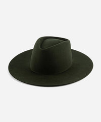 A dark green wide brim felt hat with a triangle crown, flat brim, and no visible embellishments. #color_dark green