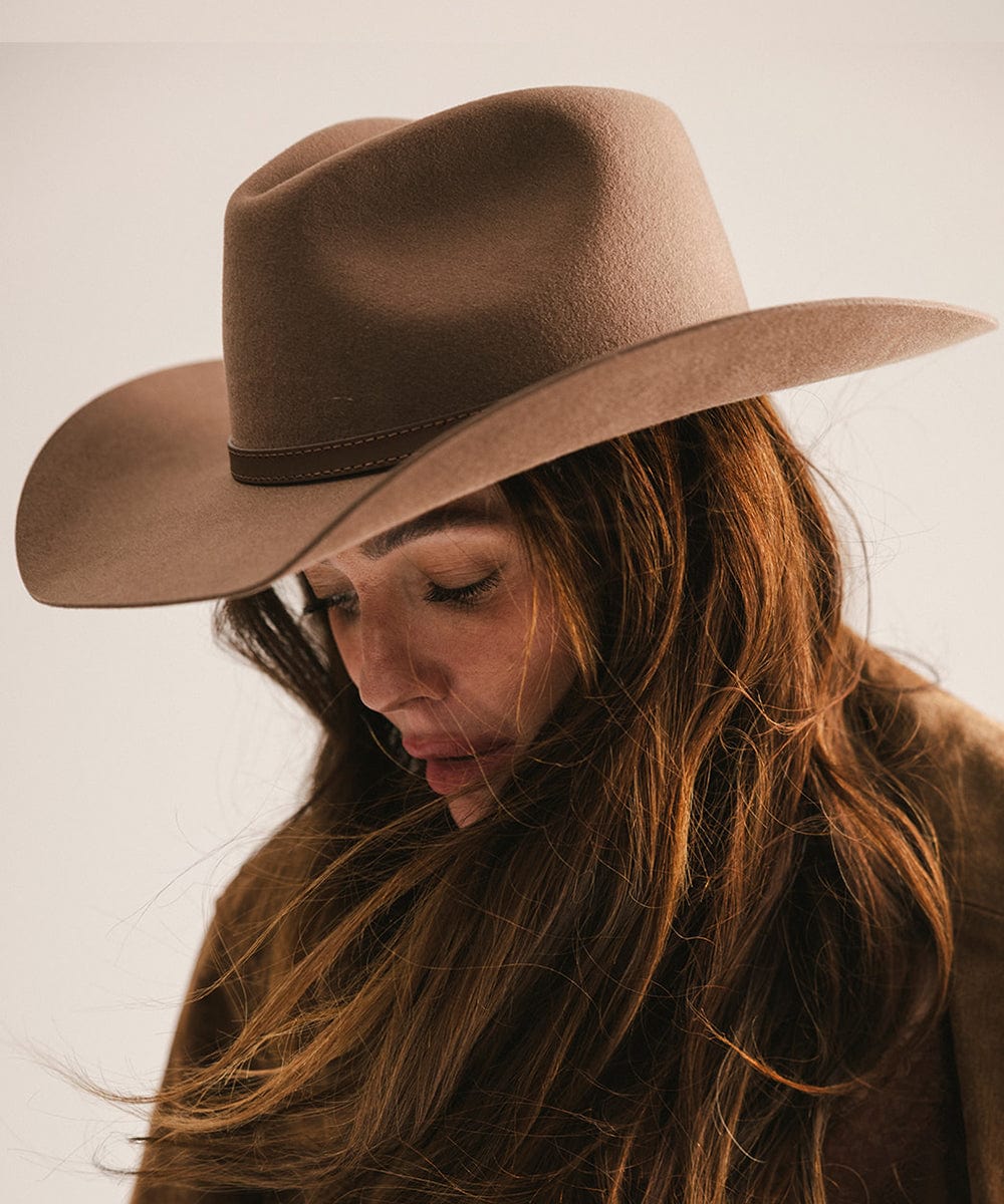 Person wearing a brown cowboy hat and coat against a neutral background #color_chocolate