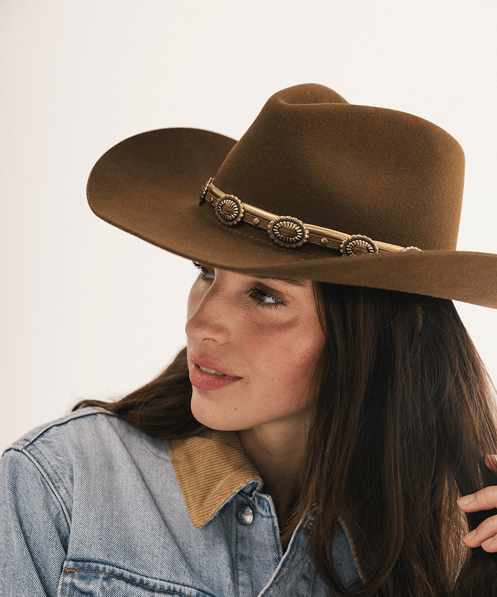 A woman wearing a brown felt cowboy hat with a decorative band and a light blue denim jacket, shown in a close-up profile against a plain light background #color_coffee