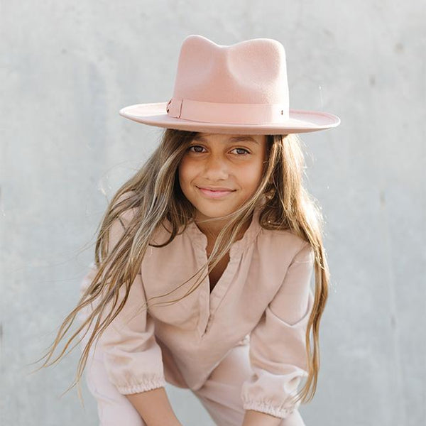 Gigi Pip felt hats for kids - Monroe Kids Rancher - fedora teardrop crown with stiff, upturned brim adorned with a tonal grosgrain band on the crown and brim [dusty pink]