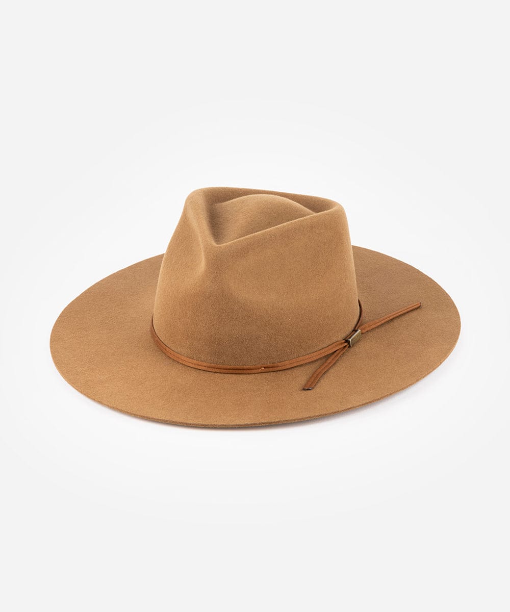 Brown cowboy hat with a leather band on a light gray background #color_caramel