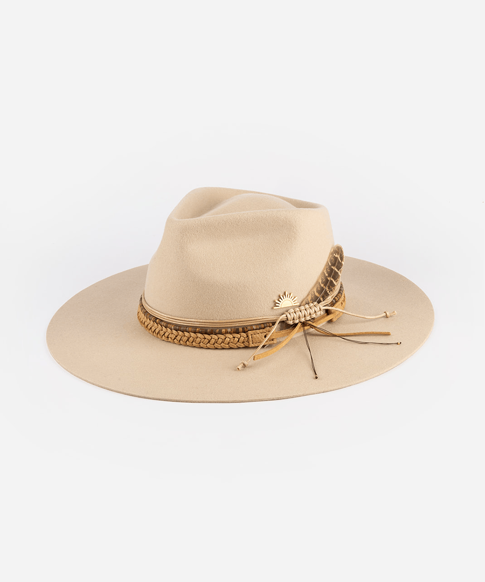 Beige hat with gold embellishments on a white background #color_tan
