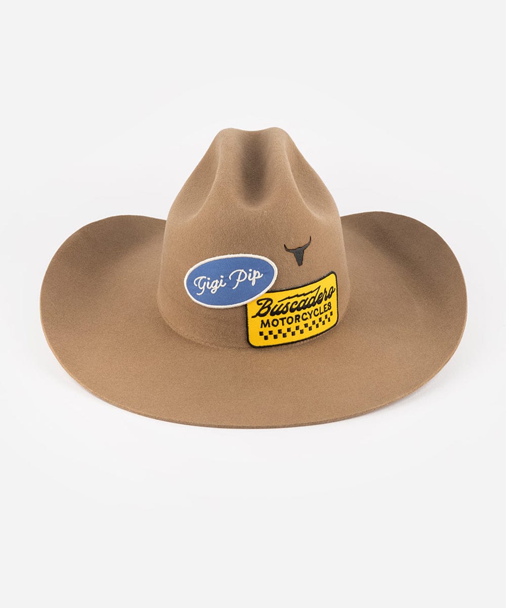 Brown cowboy hat with a logo on a white background #color_brown