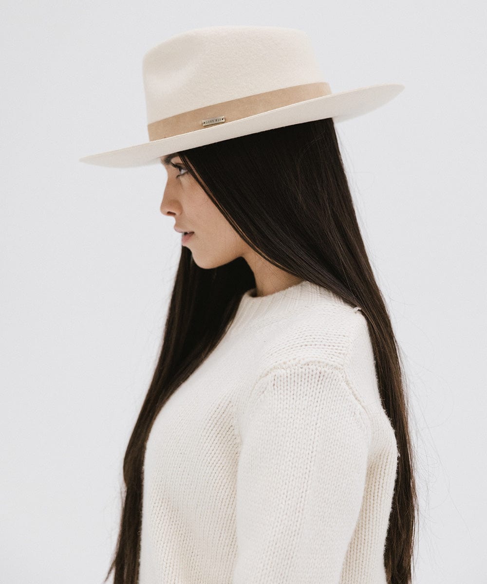 Gigi Pip felt hats for women - Holly Rancher - teardrop fedora with a semi-tall crown and mid-length upturned brim, featuring a hand-sewn suede band [off white]
