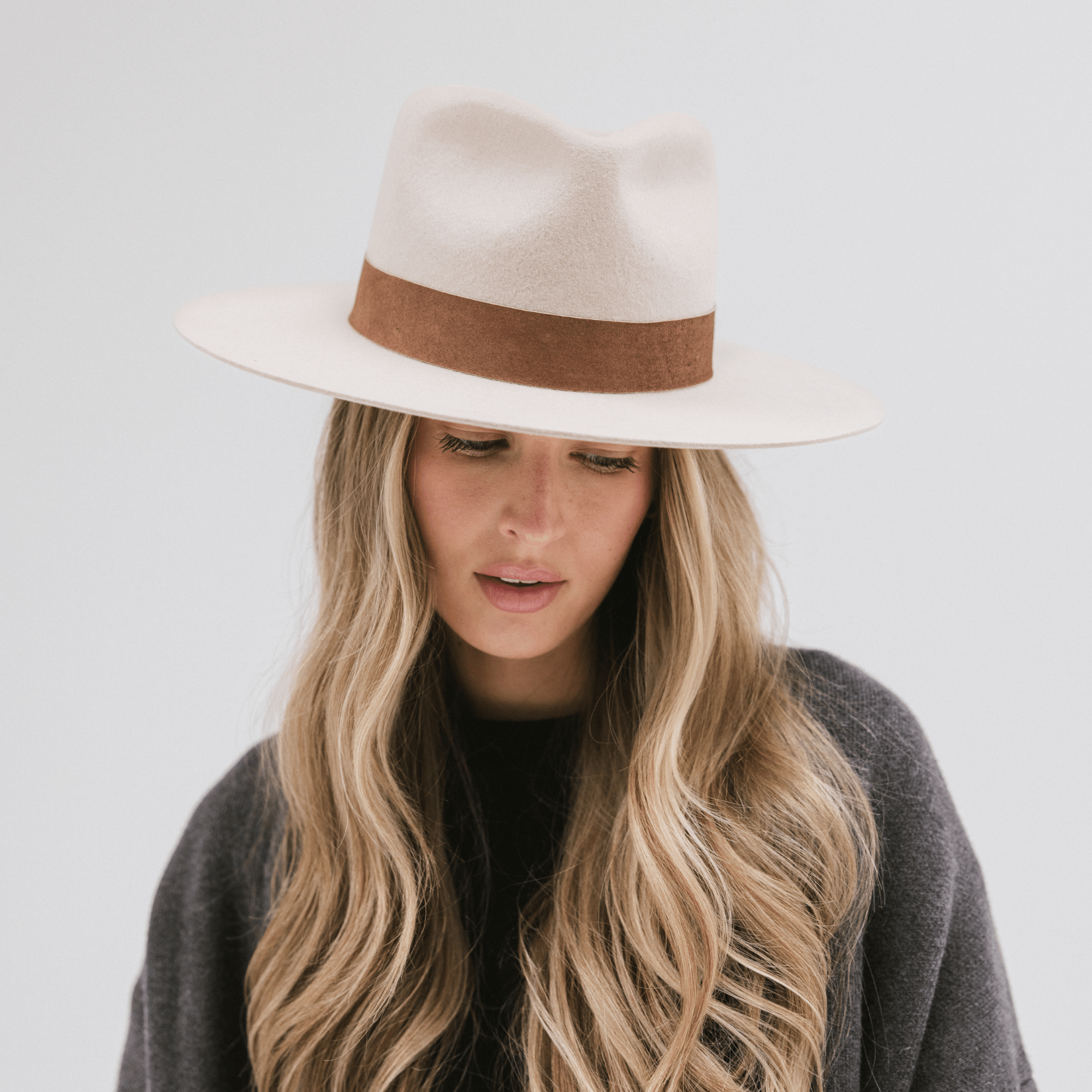 Gigi Pip felt hats for women - Miller Fedora - teardrop fedora with tall front crown and a structured flat brim [black-black]