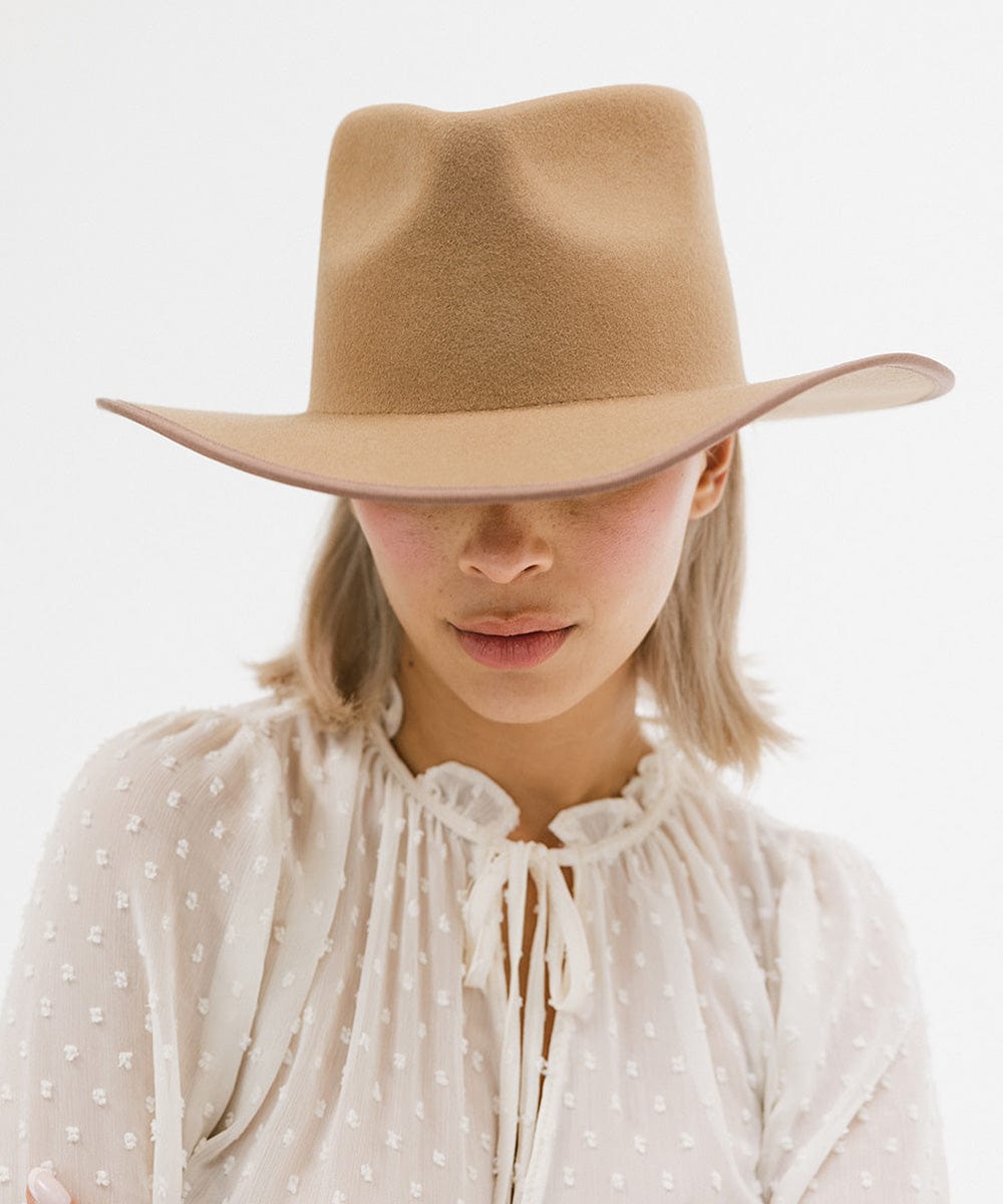 Gigi Pip felt hats for women - June Teardrop Rancher - 100% australian wool teardrop rancher with an angled western brim hat featuring a gold plated Gigi Pip branded pin on the back of the crown [brown]