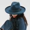 Gigi Pip limited edition hats for women - Maude Pencil Brim in Vintage Blue - curved crown with a stiff, wide brim with pencil rolled up edge + a limited edition trim featuring a wide leather band in a limited edition vintage blue [vintage-blue]