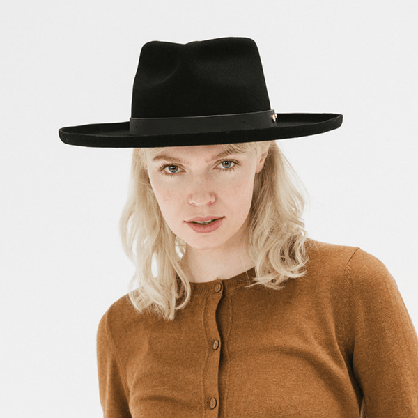 Gigi Pip felt hats for women - Luca Pencil Brim Teardrop Fedora - teardrop fedora crown with a pencil rolled brim, featuring an oiled genuine leather band and metal closure [black]