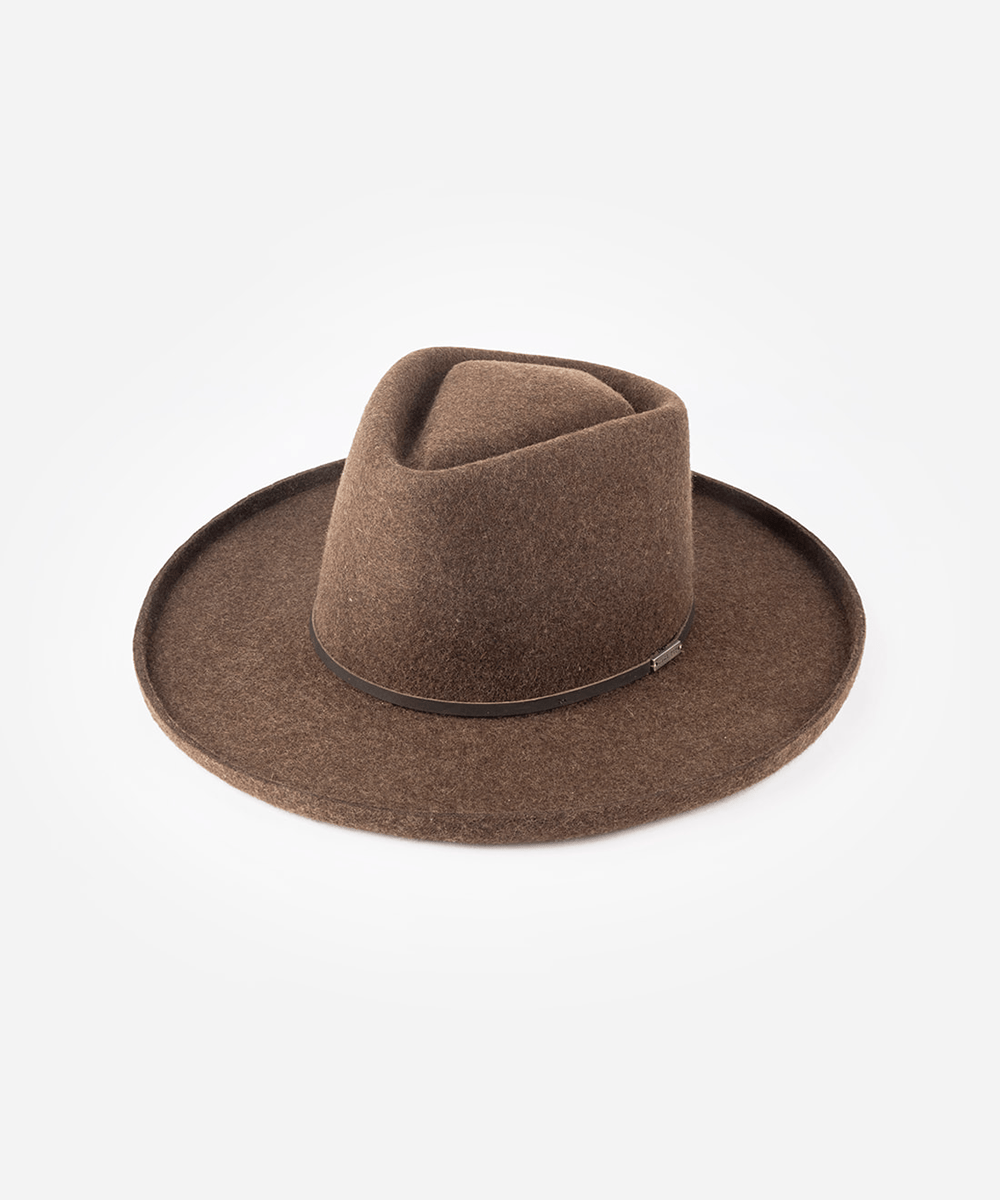 Pencil brim fedora hat with a sculpted diamond crown and a hat band against a plain background #color_mix brown