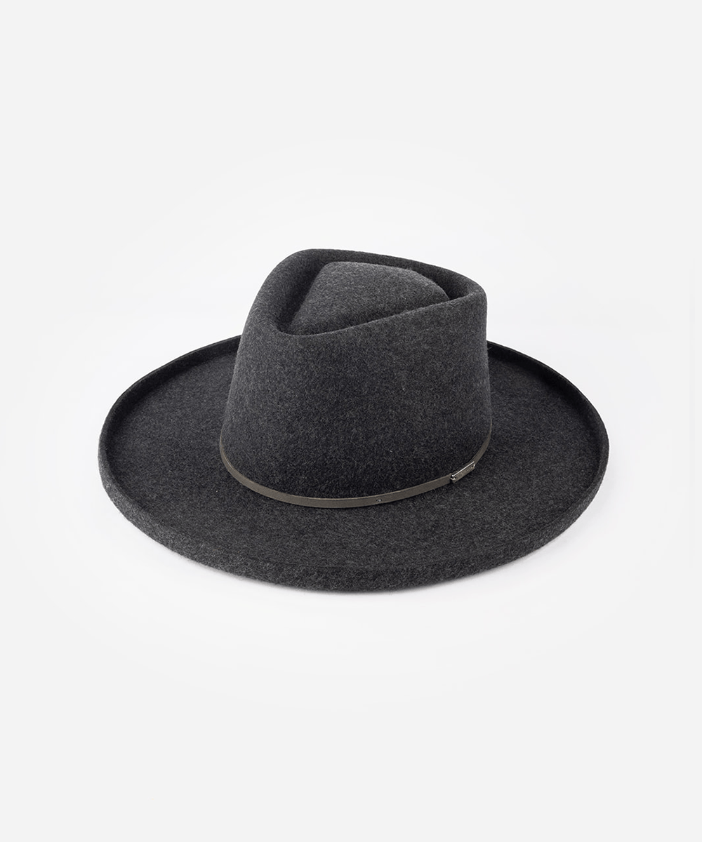 Pencil brim fedora hat with a sculpted diamond crown and a hat band against a plain background #color_mix charcoal