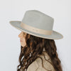 Gigi Pip felt hats for kids - Monroe Kids Rancher - fedora teardrop crown with stiff, upturned brim adorned with a tonal grosgrain band on the crown and brim [light grey-tan]