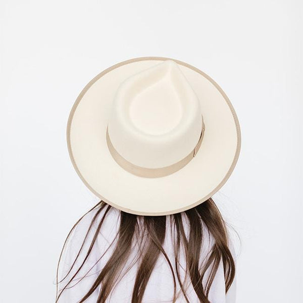 Gigi Pip felt hats for kids - Monroe Kids Rancher - fedora teardrop crown with stiff, upturned brim adorned with a tonal grosgrain band on the crown and brim [white-taupe]