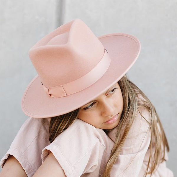 Gigi Pip felt hats for kids - Monroe Kids Rancher - fedora teardrop crown with stiff, upturned brim adorned with a tonal grosgrain band on the crown and brim [dusty pink]