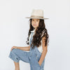 Gigi Pip felt hats for kids - Monroe Kids Rancher - fedora teardrop crown with stiff, upturned brim adorned with a tonal grosgrain band on the crown and brim [white-taupe]