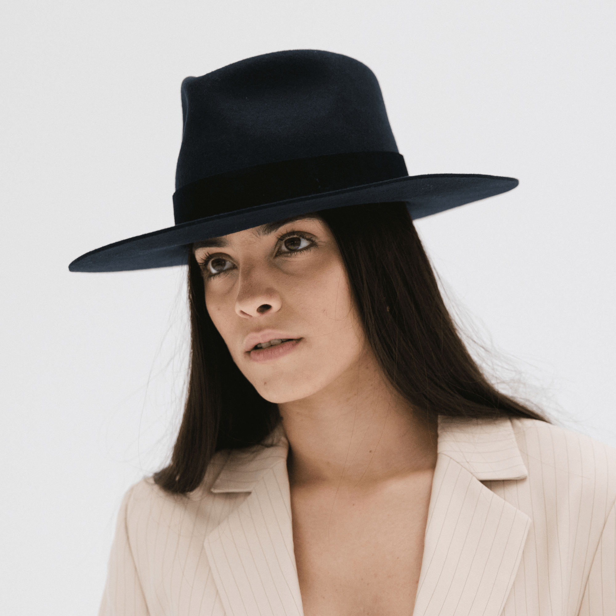 Gigi Pip felt hats for women - Miller Fedora - teardrop fedora with tall front crown and a structured flat brim [black-black]