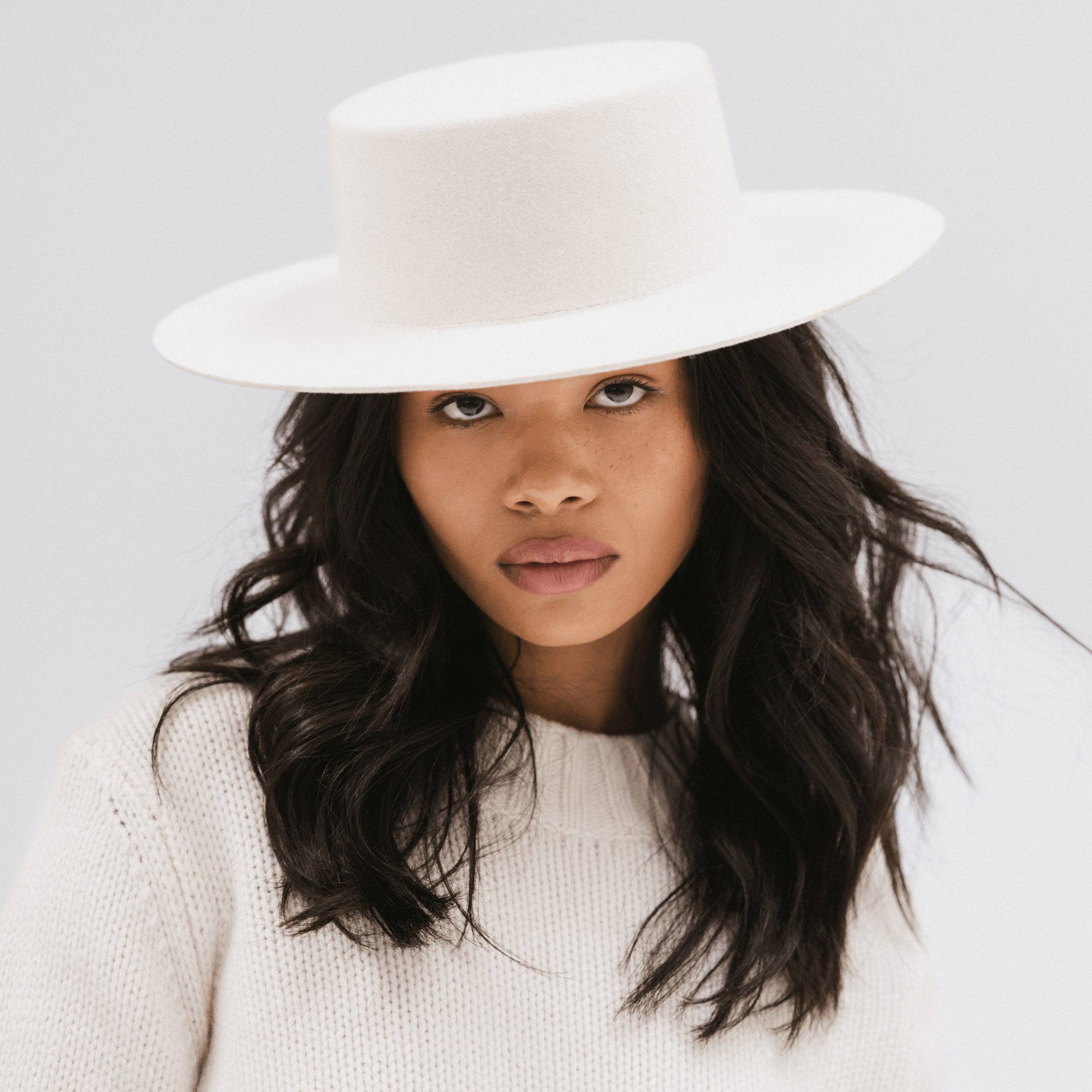 Gigi Pip felt hats for women - Dahlia Boater - boater-style crown with a stiff, wide flat brim [off white]