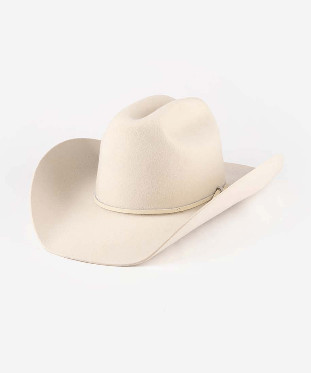A cream-colored felt cowboy hat with a matching band, photographed on a seamless white background #color_off white