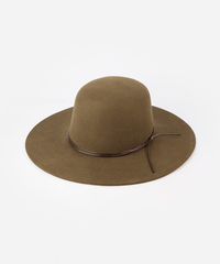 A open crown hat with a structured semi-wide brim and a tonal triple-strand waxed leather band against a plain background #color_olive