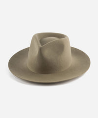 A sage fedora hat with a teardrop shaped crown and a stiff, medium upturned brim made of felt. #color_sage