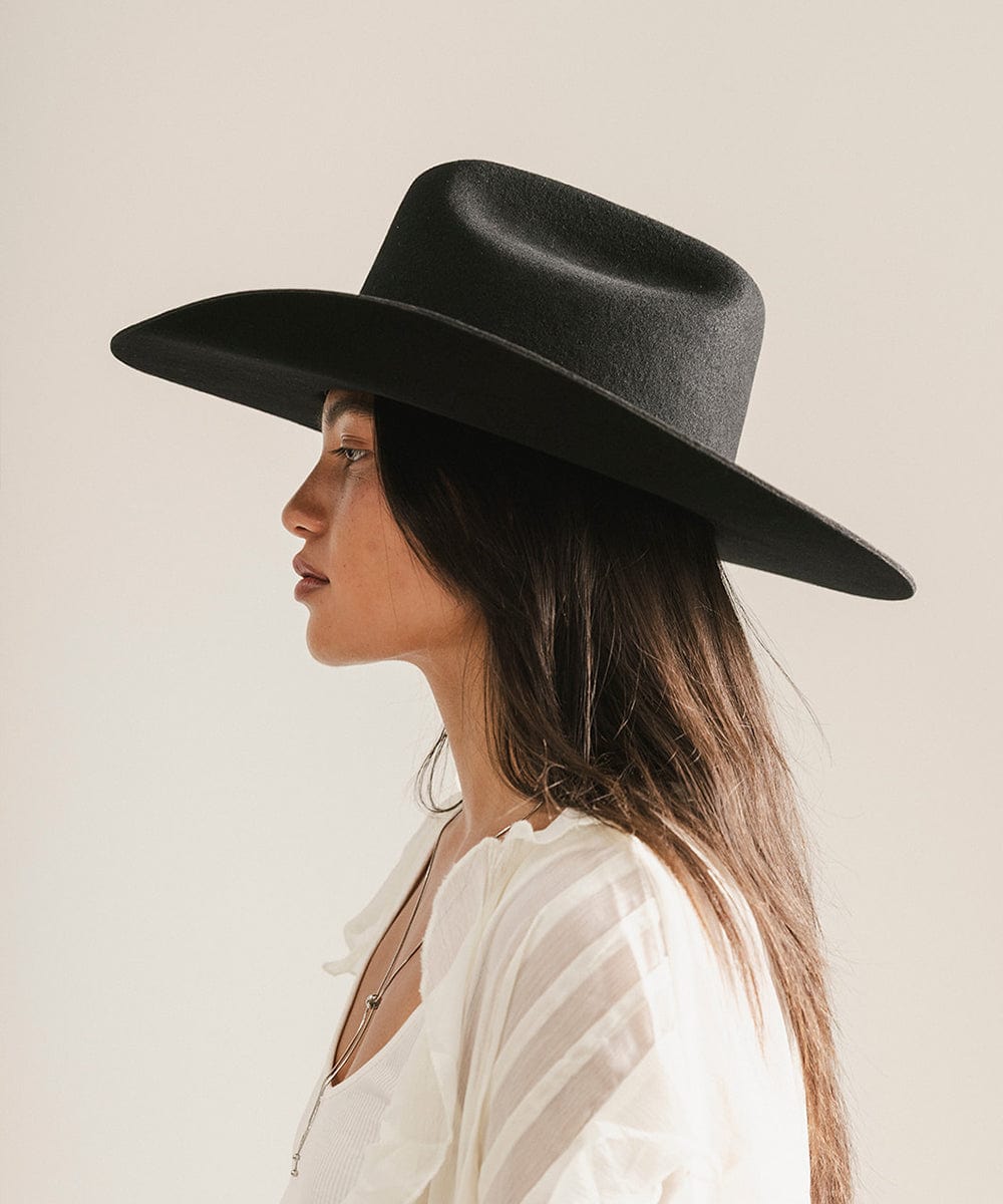 Woman wearing a black wide-brimmed hat against a plain background #color_black