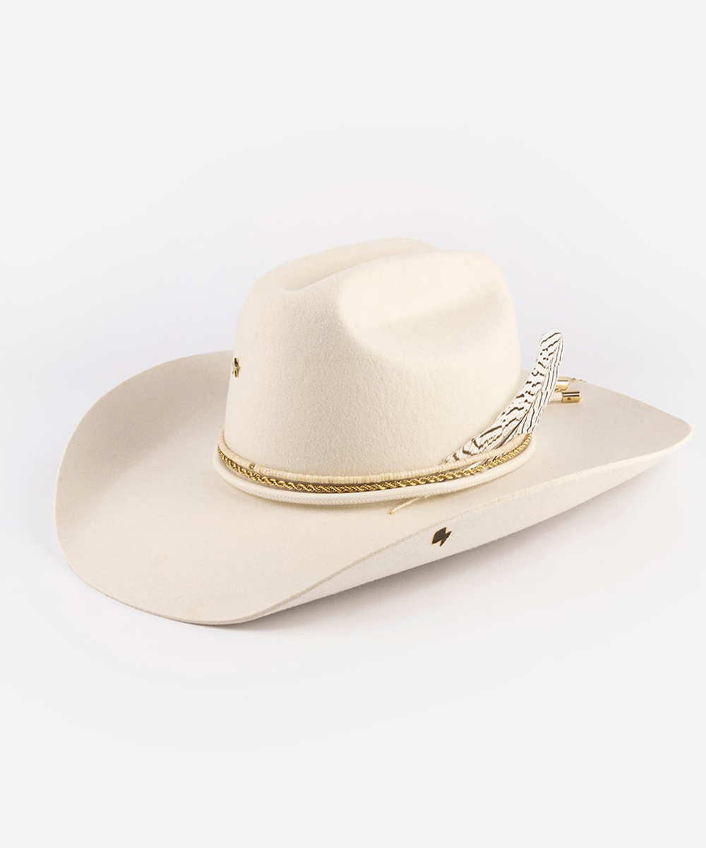 White cowboy hat with decorative band and feather on a white background #color_off white