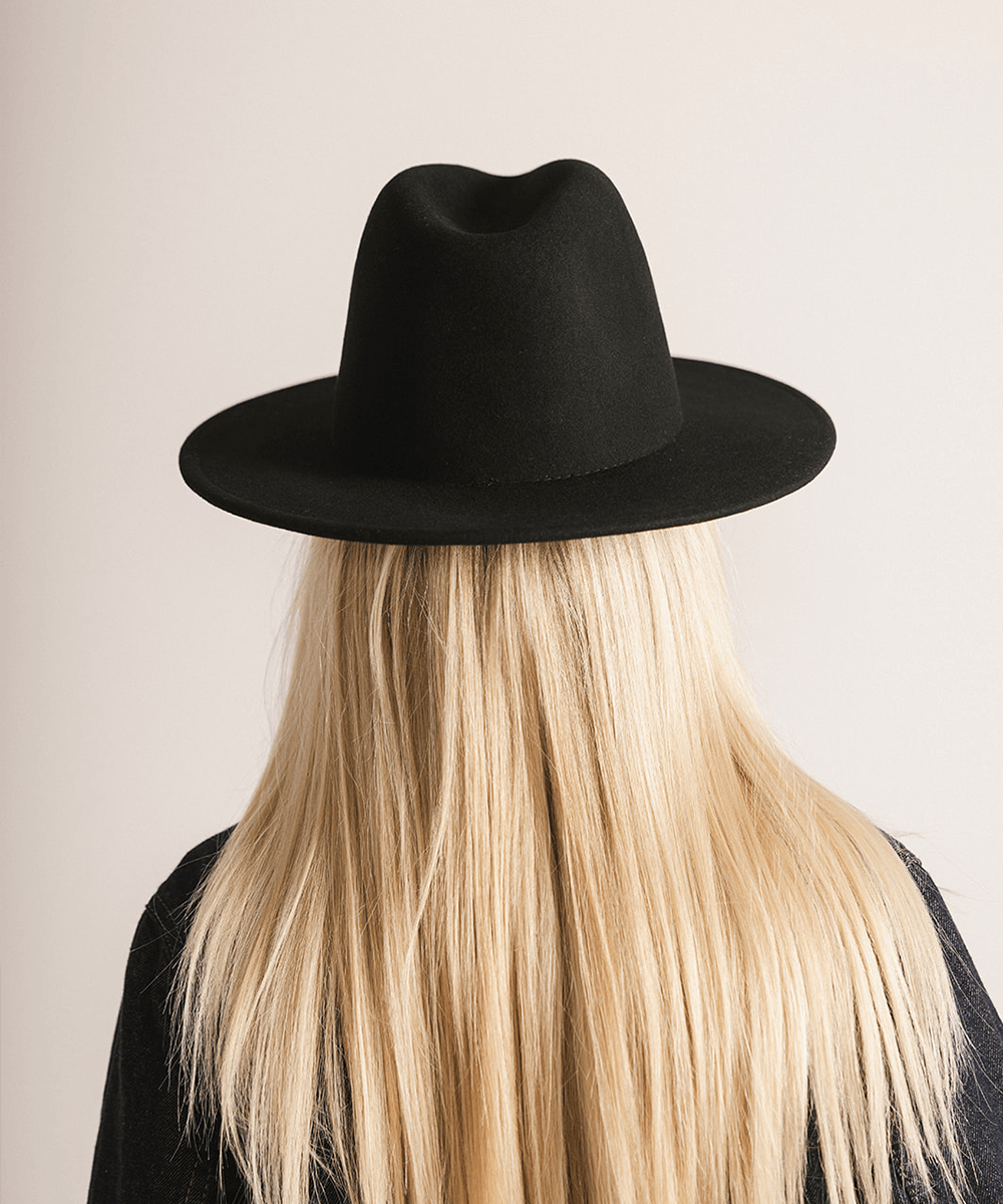 Woman wearing a black fedora hat against a plain background #color_black
