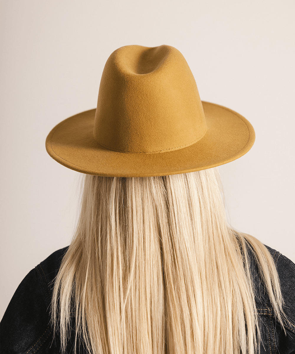 Woman wearing a mustard colored fedora hat and a black coat against a plain background #color_mustard