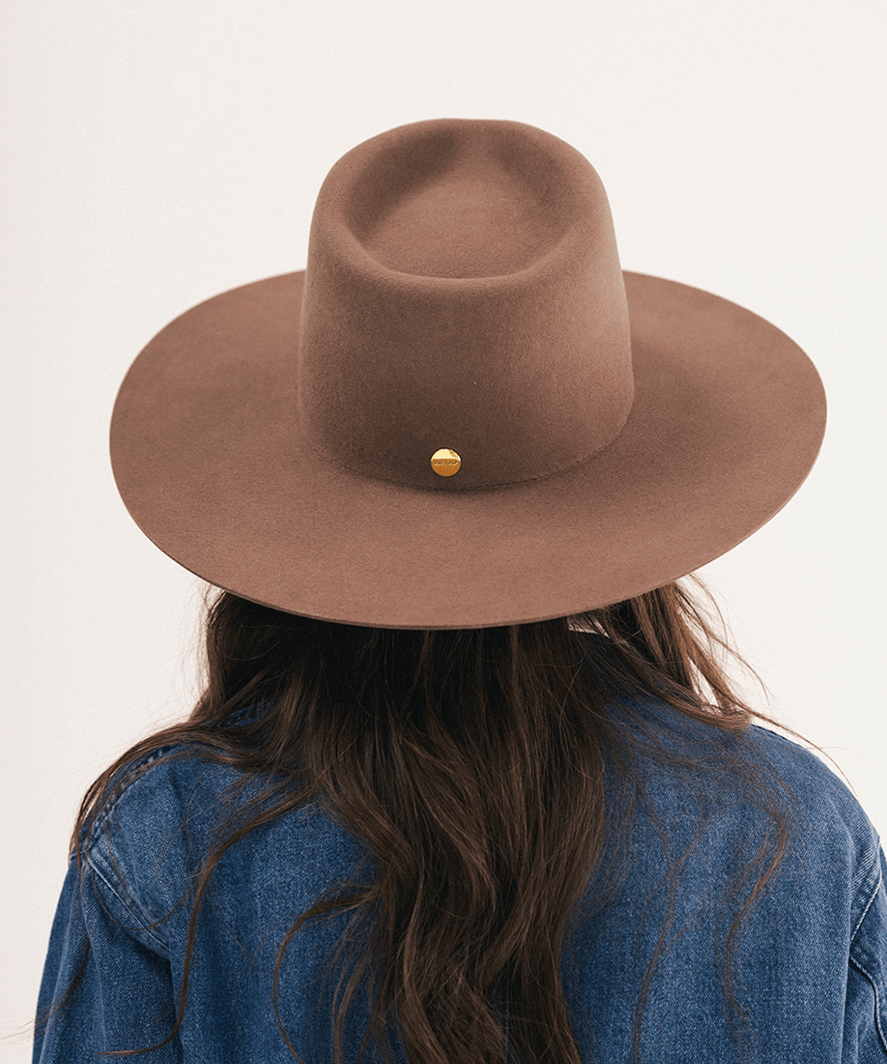 A person viewed from behind wearing a brown wide-brim felt hat with a small gold button detail and a blue denim shirt, against a plain off-white background #color_chocolate