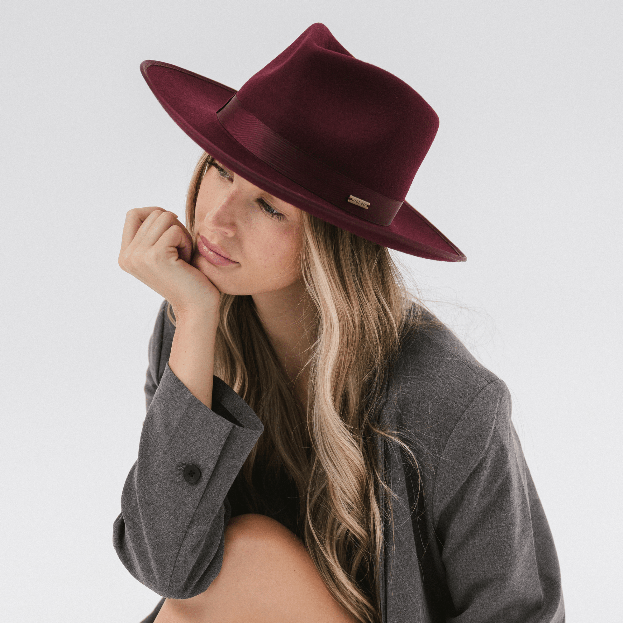Gigi Pip felt hats for women - Monroe Rancher - fedora teardrop crown with stiff, upturned brim adorned with a tonal grosgrain band on the crown and brim [navy]