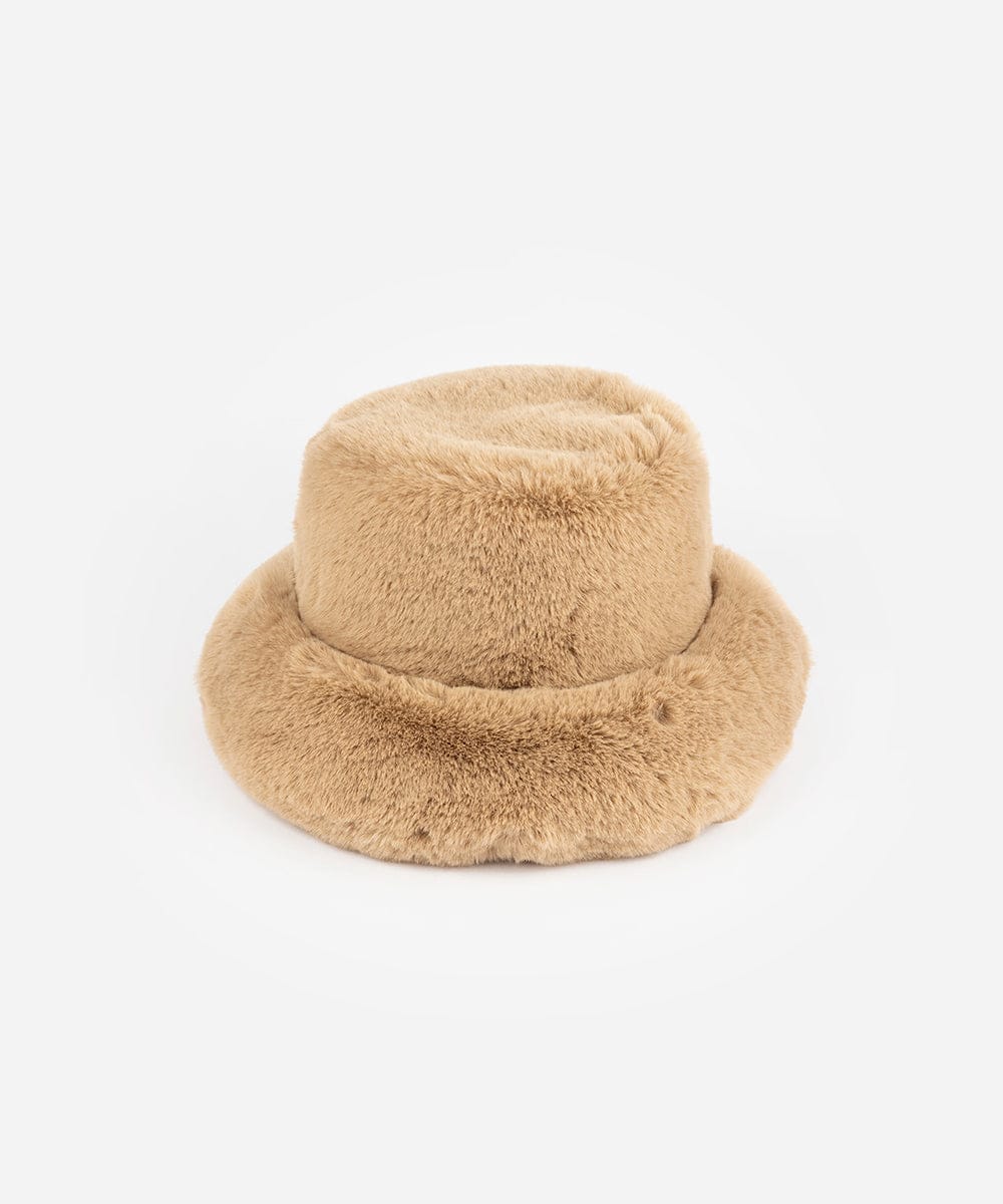 A tan faux fur bucket hat with an oversized fit, displayed against a white background. #color_tan