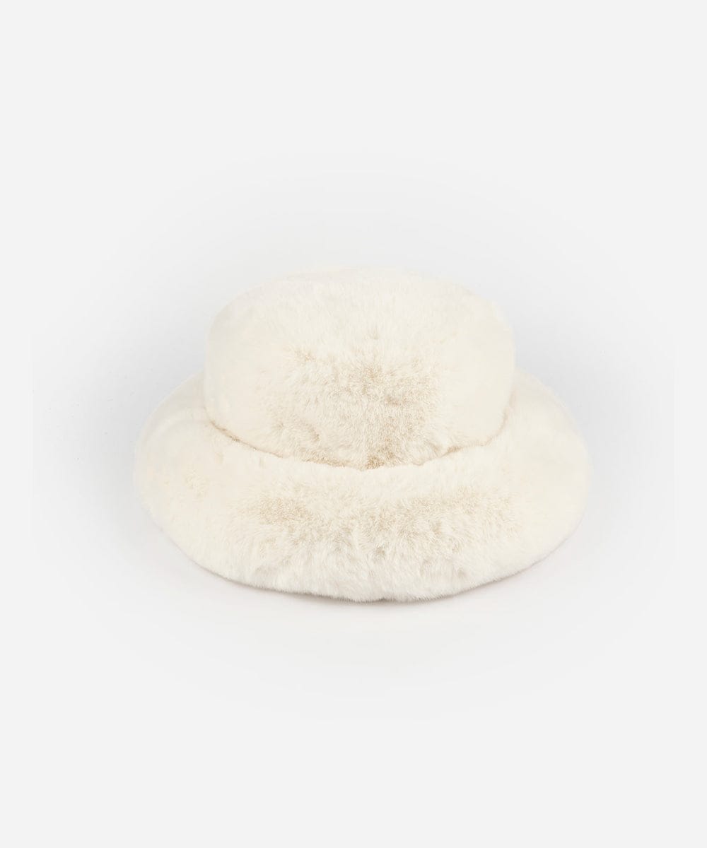 A white faux fur bucket hat with an oversized fit, displayed against a white background. #color_winter white