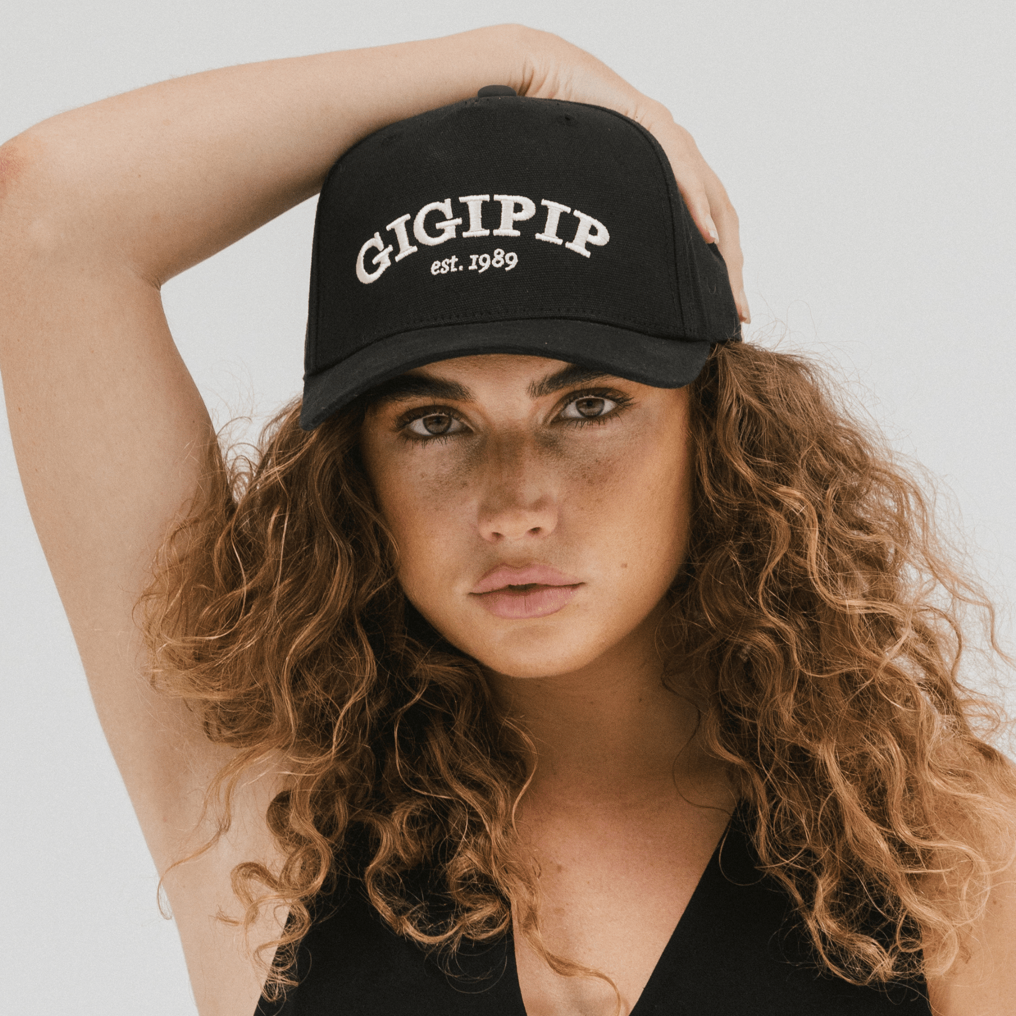Gigi Pip trucker hats for women - Gigi Pip Canvas Trucker Hat - 100% Cotton Canvas w/ cotton sweatband + reinforced from panel with 100% polyester mesh trucker hats with gigi pip embroidered on the front panel with an adjustable velcro bag [cream]