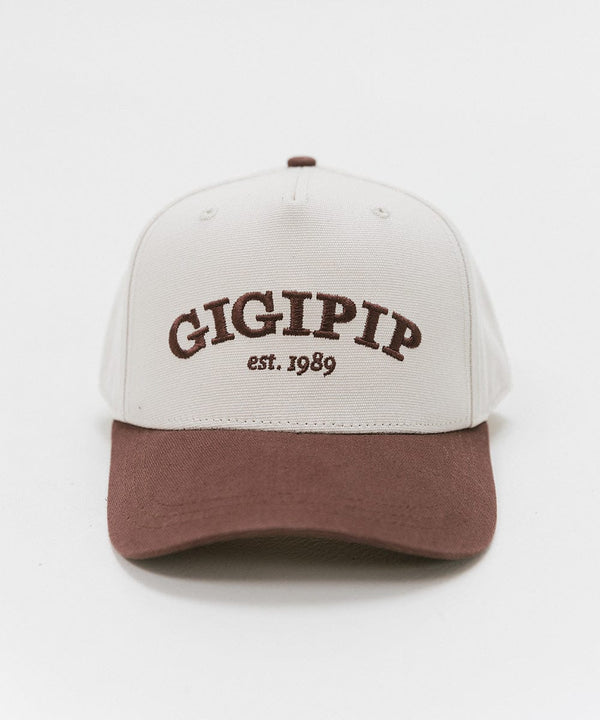 Gigi Pip trucker hats for women - Gigi Pip Canvas Trucker Hat - 100% Cotton Canvas w/ cotton sweatband + reinforced from panel with 100% polyester mesh trucker hats with gigi pip embroidered on the front panel with an adjustable velcro bag [cream-chocolate brown]