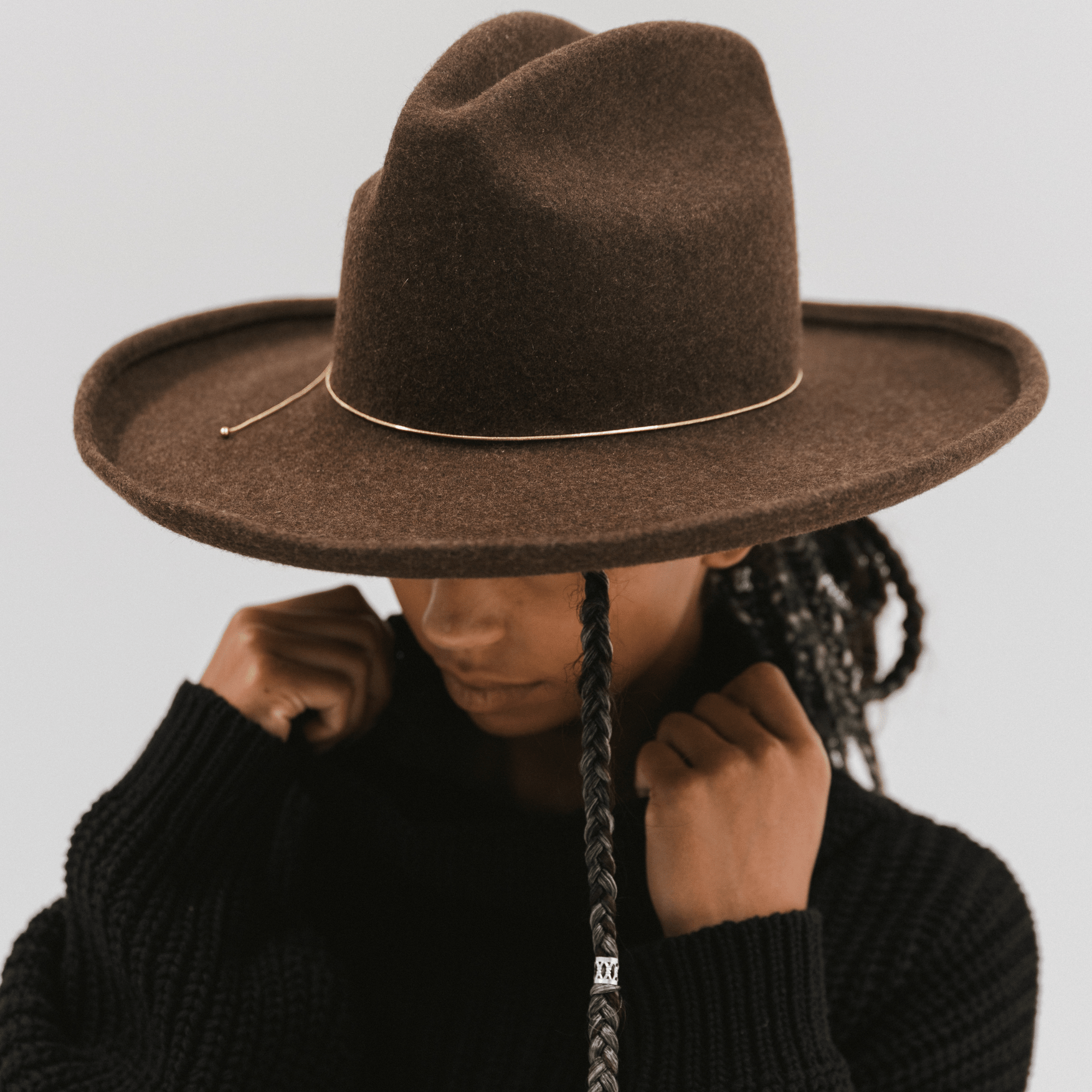 Gigi Pip hat bands + trims for women's hats - Chain Bolo Band - 14k plated brass chain + rhodium plated brass bead closure for a minimalist adjustable chain hat band that can be worn as a necklace [silver]