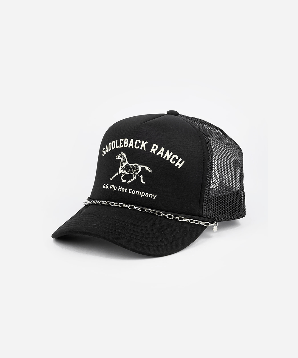 Black trucker hat with 'Saddleback Ranch' and horse design and silver chain on a white background #color_silver
