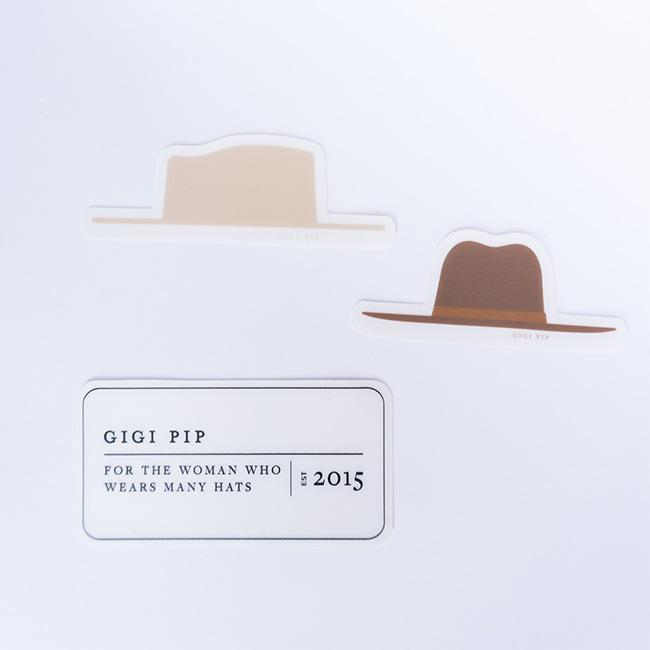 Gigi Pip hat care products - Gigi Pip Sticker Bundles - stickers sorted into bundles of 3 featuring hat shape stickers, Gigi Pip logo circle stickers + a Gigi Pip established in 2015 tag sticker [confidence bundle]