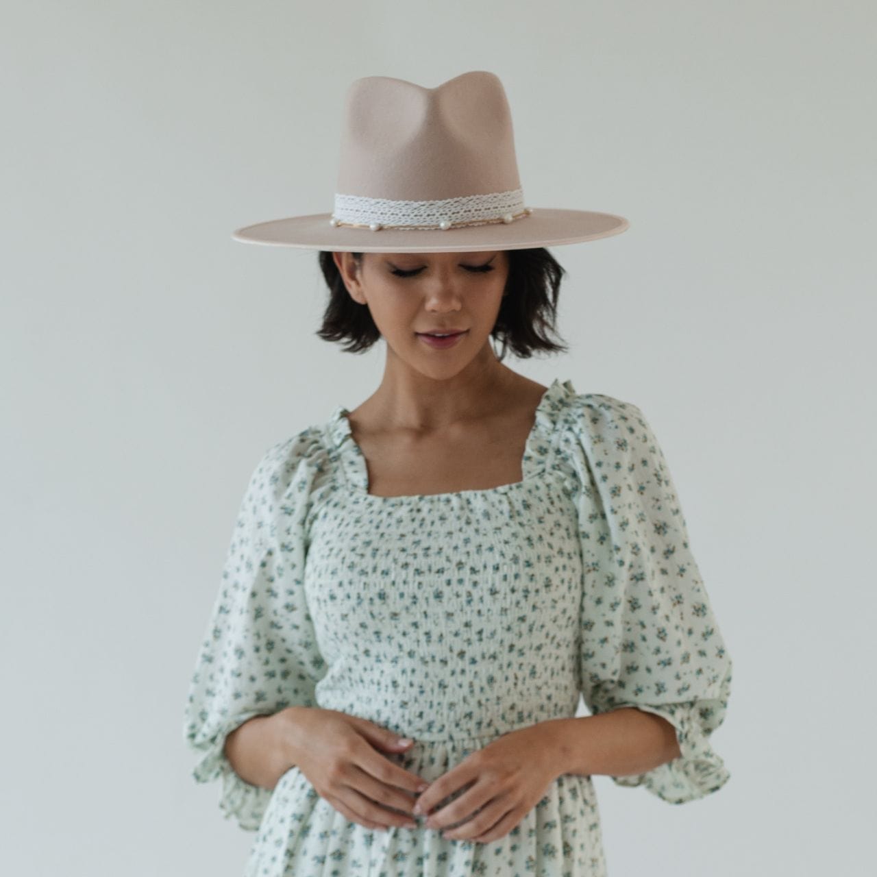 Gigi Pip felt hats for women - Ivy Wide Brim Fedora - 100% australian wool wide brim fedora with a tall crown featuring a customized sweatband + exclusive printed lining with a satin finish in collaboration with Ivy City Co, and a tonal satin brim [pale nude]