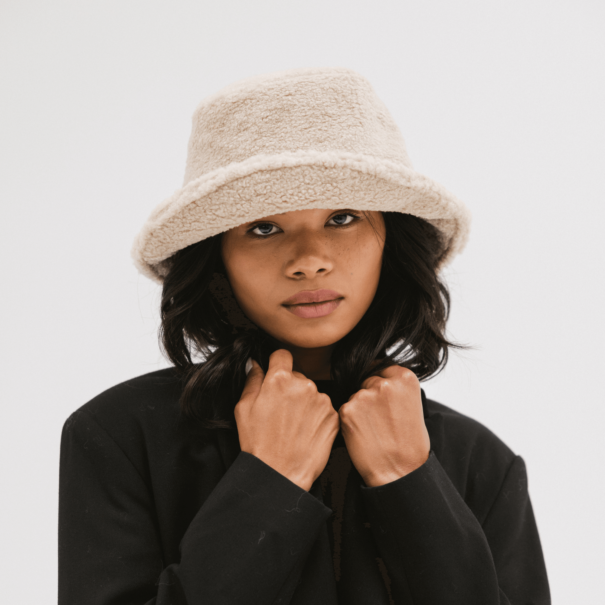 Gigi Pip bucket hats for women - Jackson Sherpa Bucket Hat - sherpa bucket hat featuring a raw edge leather band with our signature xx stitching closure and equipped with an adjustable inner band [cream]