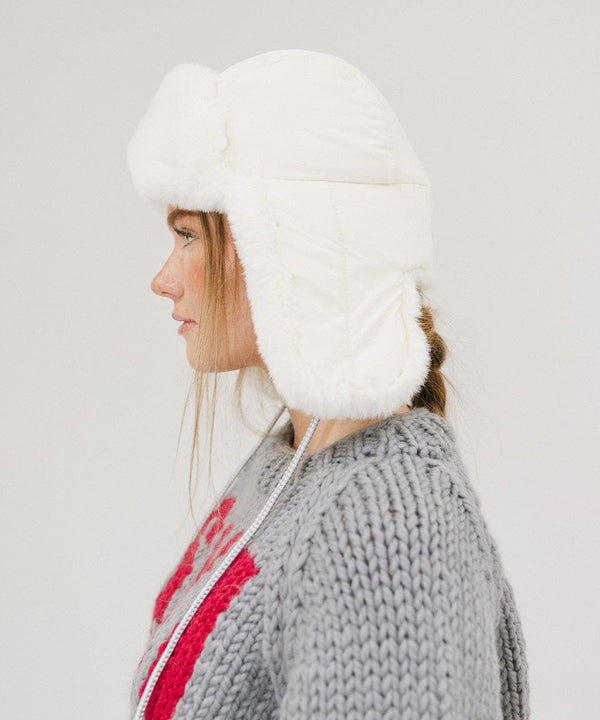 Gigi Pip winter hats for women - Leda Trapper Hat - 100% faux fur + polyester classic style inspired trapper hat featuring a retro limited edition holiday Gigi Pip logo [winter white]