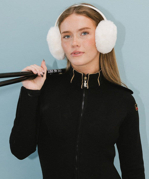 Gigi Pip winter hats for women - Leena Faux Fur Earmuffs - 100% faux fur + faux leather fluffy earmuffs with Gigi Pip embossed for winter [winter white]