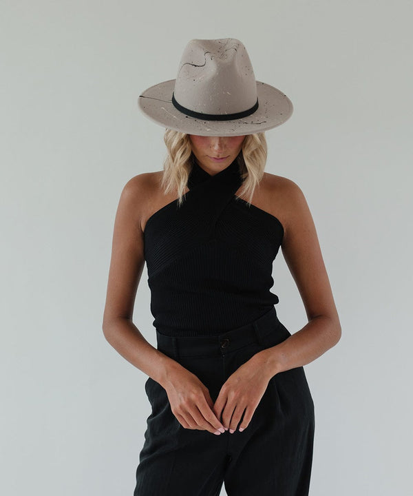 Gigi Pip felt hats for women - Limited Edition Hat 23 - 100% australian wool flat brim fedora featuring a hand painted paint splatter design + a 100% genuine leather black hat band [ivory]