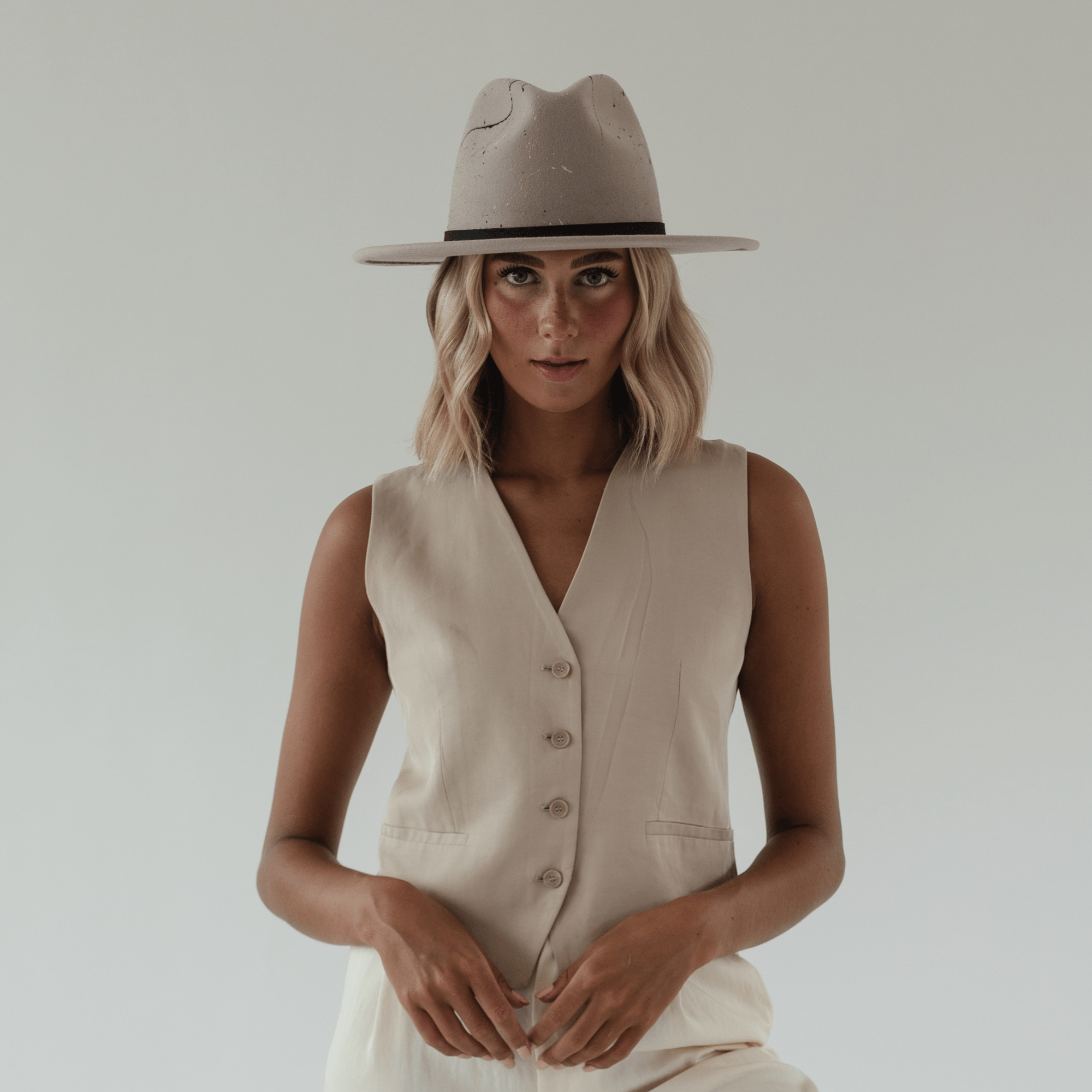 Gigi Pip felt hats for women - Limited Edition Hat 23 - 100% australian wool flat brim fedora featuring a hand painted paint splatter design + a 100% genuine leather black hat band [ivory]