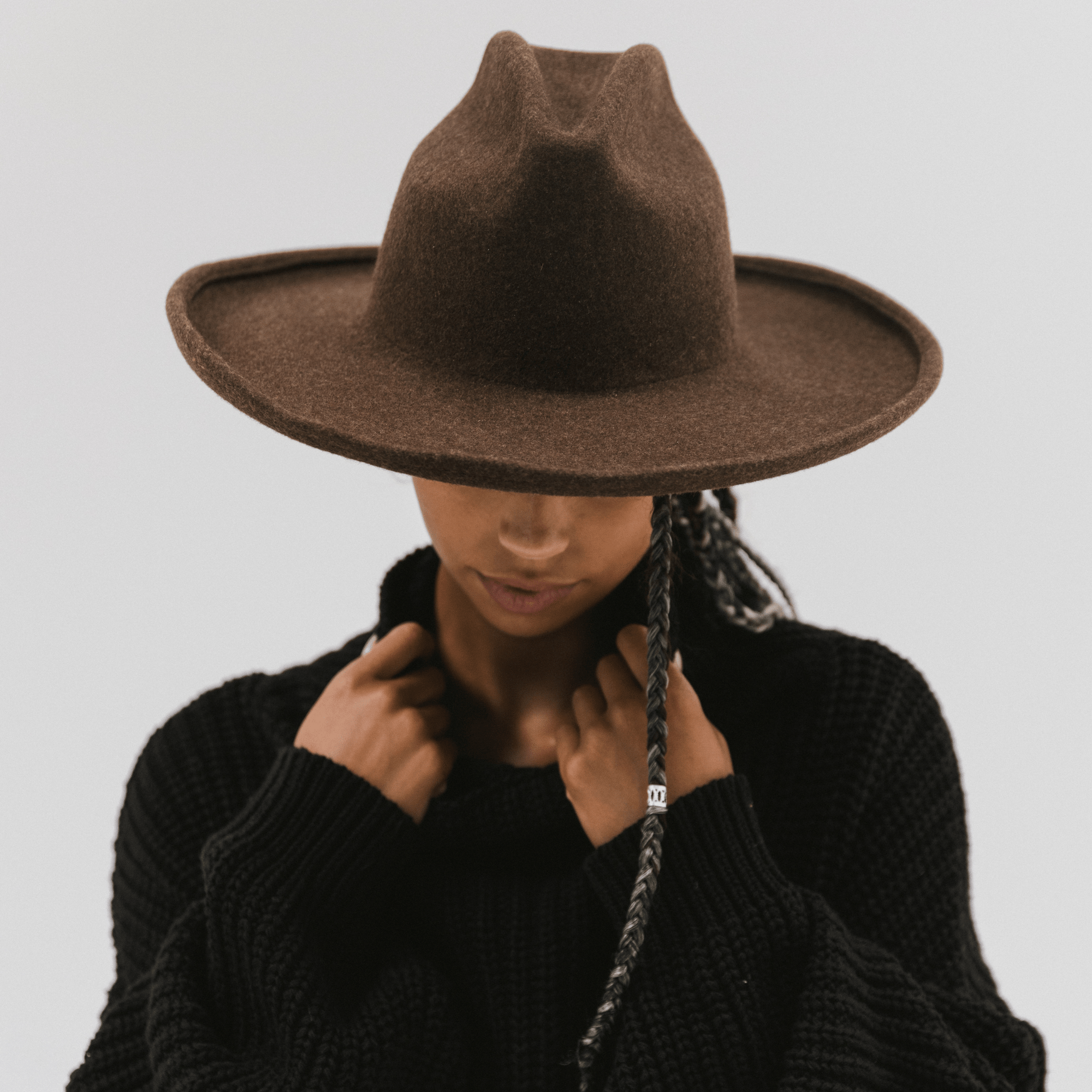 Gigi Pip felt hats for women - Jillian Pencil Brim - 100% australian wool fedora curved crown with a stiff, wide brim featuring a pencil rolled up edge + a GP branded pin on the back [dark brown]