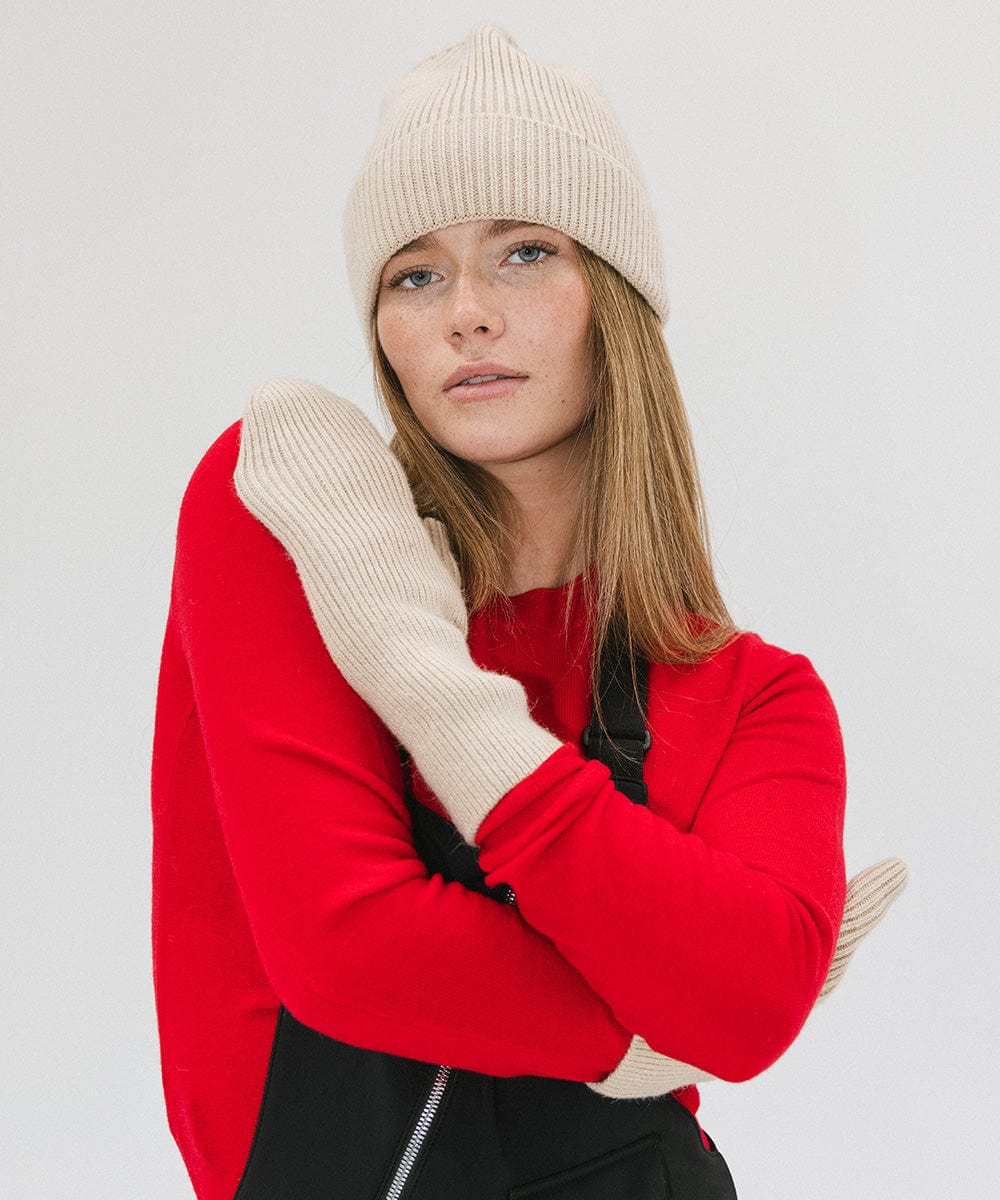 Gigi Pip winter accessories for women - Nina Knit Beanie + Mitten Set - a beanie + mitten luxury matching set featuring a Gigi Pip branded label [taupe]