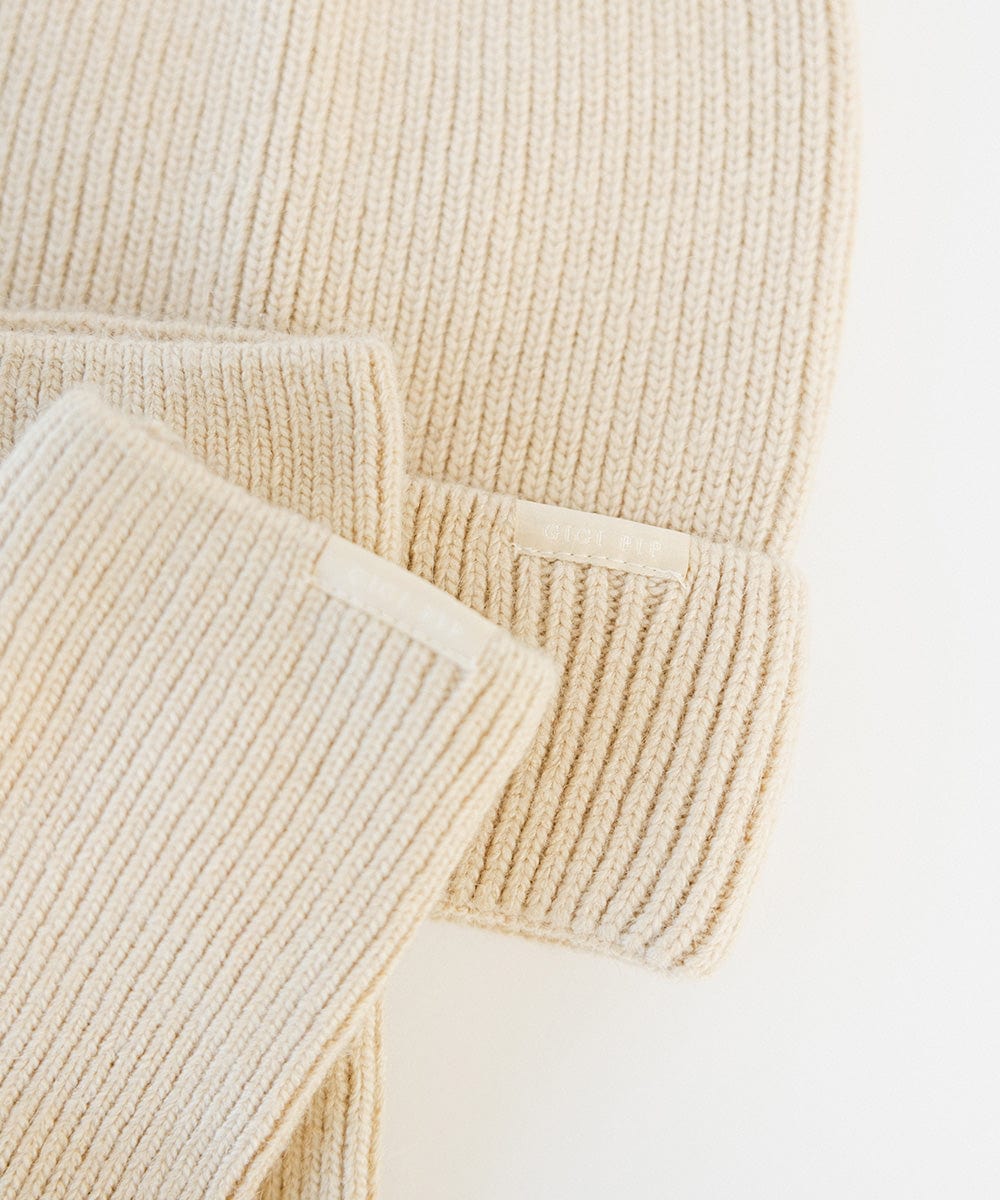 Gigi Pip winter accessories for women - Nina Knit Beanie + Mitten Set - a beanie + mitten luxury matching set featuring a Gigi Pip branded label [taupe]